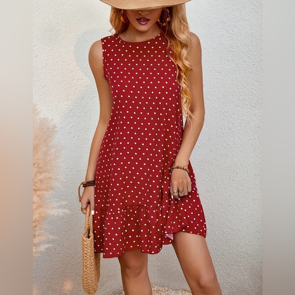All over heart print satin red dress. NWOT